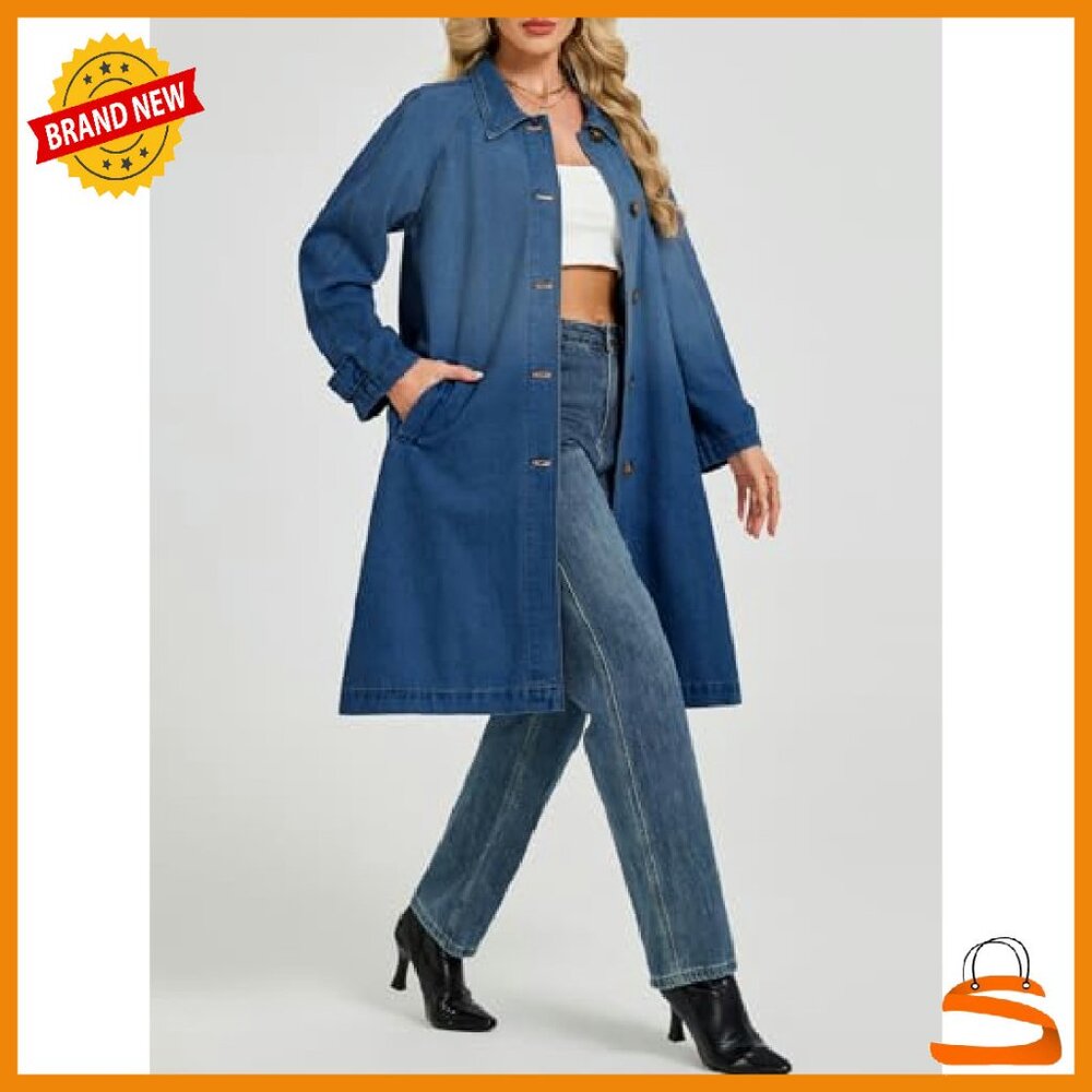 Oversized Denim Trench Coat Midi Length Casual Jacket Women's - Picture 6 of 8